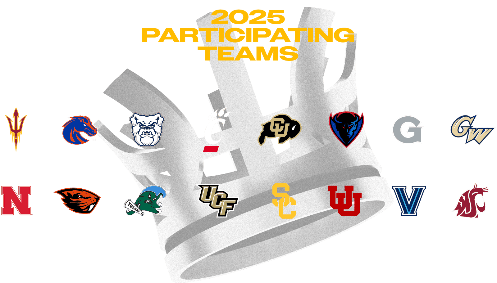 The image features the text "2025 PARTICIPATING TEAMS" in bold gold letters above a metallic silver crown. Surrounding the crown are the logos of the participating college basketball teams in the tournament. The teams represented include: Arizona State Sun Devils Boise State Broncos Butler Bulldogs Cincinnati Bearcats Colorado Buffaloes DePaul Blue Demons Georgetown Hoyas George Washington Colonials Nebraska Cornhuskers Oregon State Beavers Tulane Green Wave UCF Knights USC Trojans Utah Utes Villanova Wildcats Washington State Cougars The logos are evenly distributed around the crown, creating a dynamic and competitive visual theme.